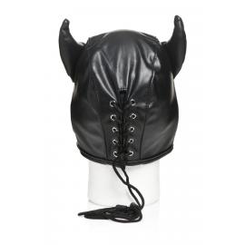 Маска з рогами Master Series: Dungeon Demon Bondage Mask with Horns, чорна - 7