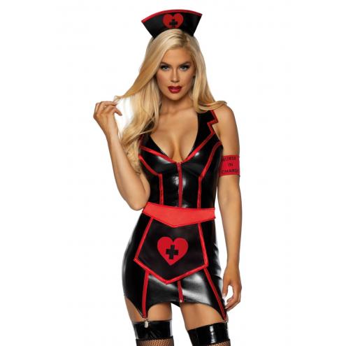 Вініловий костюм медсестри Leg Avenue Vinyl Naughty Nurse XL, сукня, фартух, пов'язки