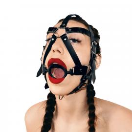 Кляп-маска с силиконовым кольцом Art of Sex - Tamer, Натуральная кожа, цвет Черный - 1