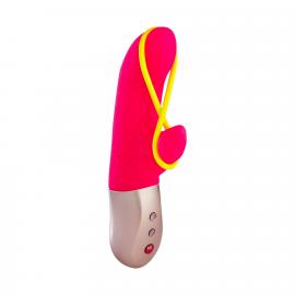 Міні вібратор-кролик зі стимулюючою стрічкою Fun Factory AMORINO pink/neon yellow, знімна стрічка - 1