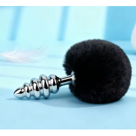 Анальна пробка міні металева ребриста з чорним хвостиком зайця - 1