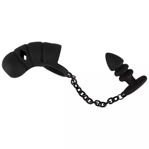 Комплект для пениса, мошонки и ануса Black Velvets cock cage with butt plug