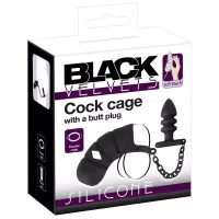 Комплект для пениса, мошонки и ануса Black Velvets cock cage with butt plug