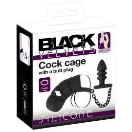 Комплект для пениса, мошонки и ануса Black Velvets cock cage with butt plug - 1