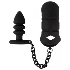 Комплект для пениса, мошонки и ануса Black Velvets cock cage with butt plug - 6