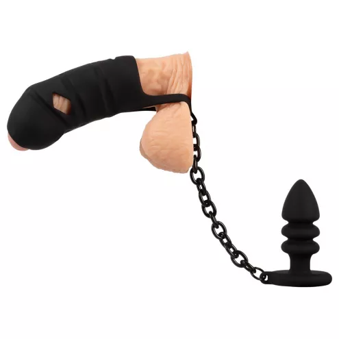 Комплект для пениса, мошонки и ануса Black Velvets cock cage with butt plug