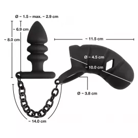 Комплект для пениса, мошонки и ануса Black Velvets cock cage with butt plug - 8