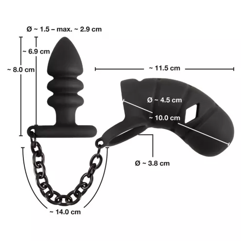 Комплект для пениса, мошонки и ануса Black Velvets cock cage with butt plug