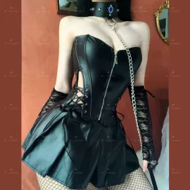 Черный корсет с юбкой из искусственной кожи, XL - 2