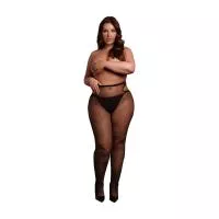 Колготки сетчатые с вырезами Plus Size, черные с золотым глитером