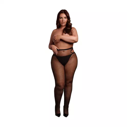 Колготки сетчатые с вырезами Plus Size, черные с золотым глитером
