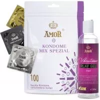 Презервативи та лубрикант – Amor Set Mix Condom, 100 шт. and Vibratissimo Play Gel Med, 250 мл