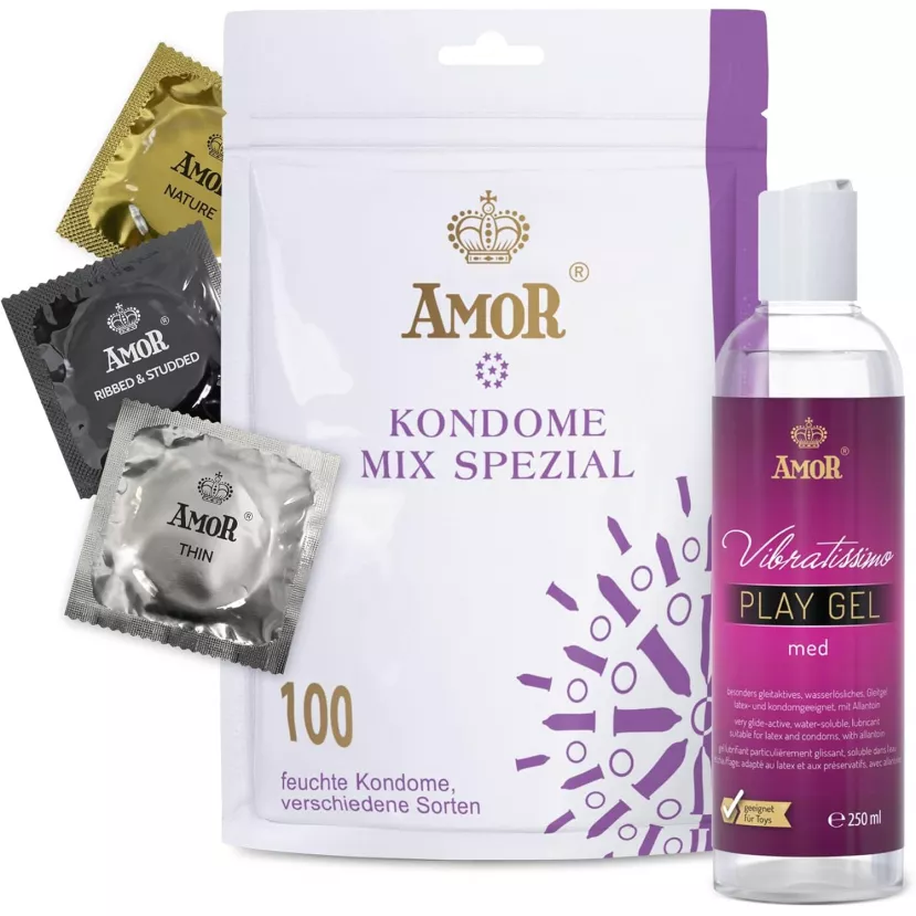 Презервативи та лубрикант – Amor Set Mix Condom, 100 шт. and Vibratissimo Play Gel Med, 250 мл