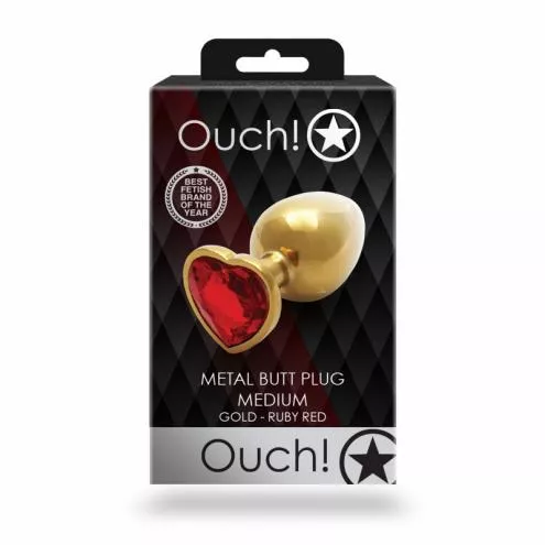 Металева анальна пробка Heart Gem, розмір M колір: золотистий/червоний Ouch! (Нідерланди)