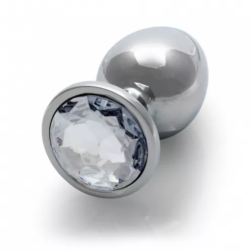 Металлическая анальная пробка Round Gem, размер М цвет: серебристый/белый Ouch! (Нидерланды)