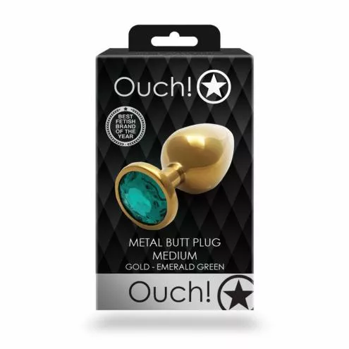Металлическая анальная пробка Round Gem, размер М цвет: золотистый/изумрудный Ouch! (Нидерланды)