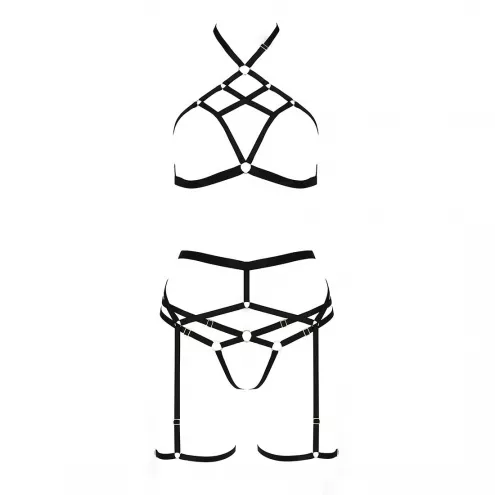 Комплект белья Passion Exclusive MORGAN SET OpenBra L/XL, black, стрэпы, трусики, лиф, пояс