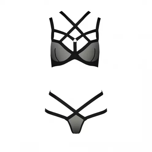 Комплект білизни Passion Exclusive HAGAR SET L/XL, black, стрепи, трусики та ліф