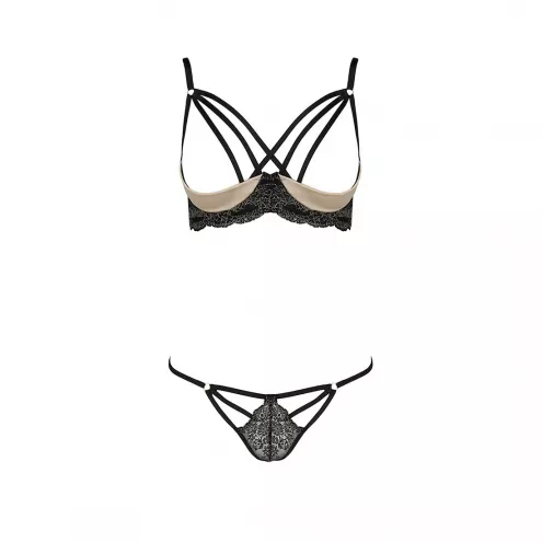 Комплект білизни Passion Exclusive VALERY SET OpenBra L/XL, black, стрепи, трусики, відкритий ліф