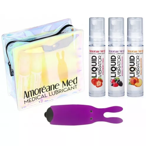 Набор из 3-х вкусов стимулирующего лубриканта Amoreane Med (3х10мл) и вибропули Adrien Lastic Purple