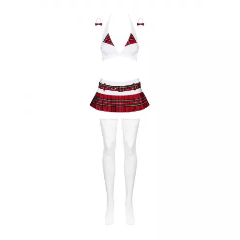 Эротический костюм школьницы с мини-юбкой Obsessive Schooly 5pcs costume L/XL, бело-красный, топ, юбка