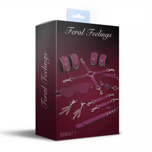 Набір Feral Feelings BDSM Kit 7 Burgundy, наручники, поножі, конектор, маска, паддл, кляп, затискачі