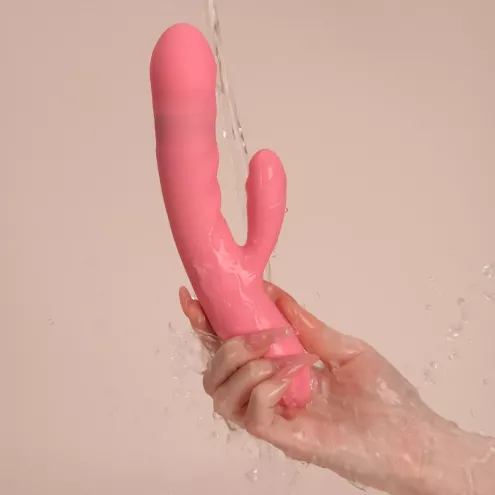 Вибратор-кролик Svakom Avery Strawberry Pink с двигающимся стволом, движение вперед-назад
