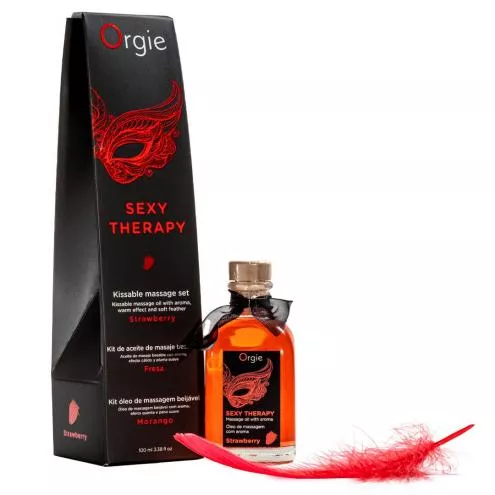 Набір для масажу Orgie – Sexy Therapy Strawberry  (100 мл), їстівне розігріваюче масло + пір'їнка