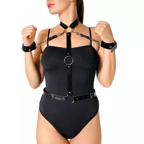 Жіноча портупея з наручниками Art of Sex - Ursula чорна XS-2XL, екошкіра