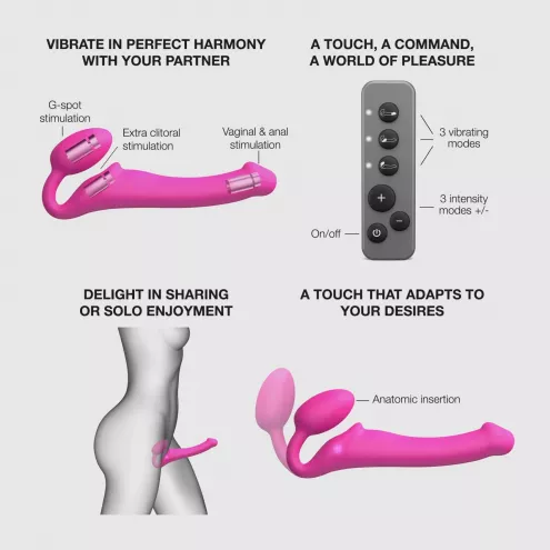 Безремінний страпон з вібрацією Strap-On-Me Vibrating Fuchsia M, діаметр 3,8 см, пульт ДК, регульований