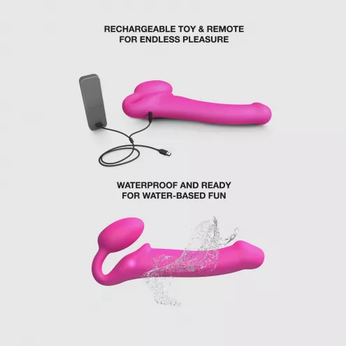 Безремінний страпон з вібрацією Strap-On-Me Vibrating Fuchsia M, діаметр 3,8 см, пульт ДК, регульований