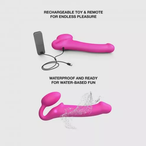 Безремневый страпон с вибрацией Strap-On-Me Vibrating Fuchsia L, диаметр 3,7 см, пульт ДУ, регулируемый
