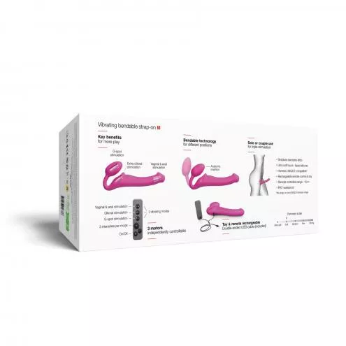 Безремневый страпон с вибрацией Strap-On-Me Vibrating Fuchsia L, диаметр 3,7 см, пульт ДУ, регулируемый