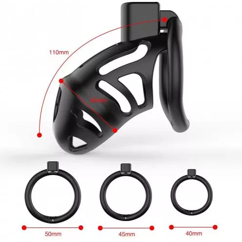 Клітка для пеніса LOCKINK SEVANDA Plastic Penis Chastity Cage, чорна, 3 кільця різних розмірів